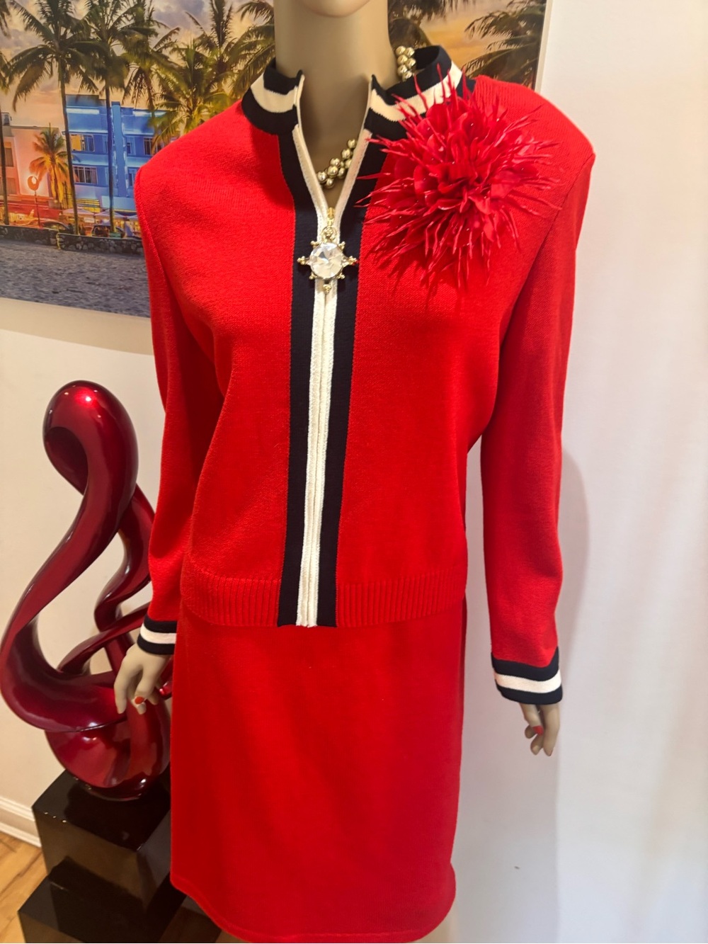 St. John Red Knit Blazer Jacket with Black & White Trim skirt suit 12 L